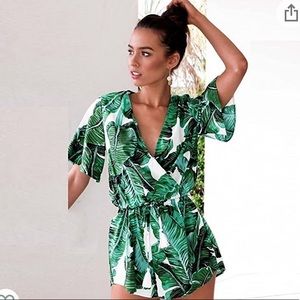 Asskdan Women's Fashion V Neck Leaves Rompers